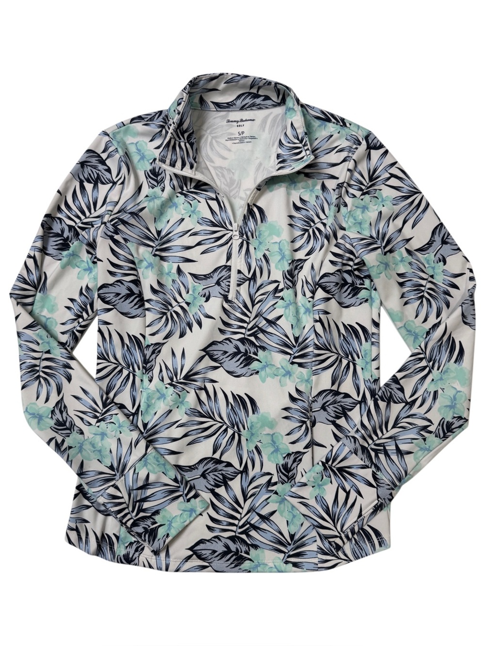 {Tommy Bahama} White Blue Long Sleeve Mock Neck Quarter Zip Pullover WAT28
